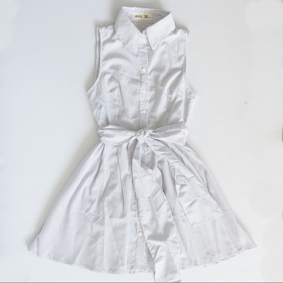 Leibl ‘38 Button Down Pinstripes Tie Waist A-line Collared Mini Dress, XS - Picture 1 of 4